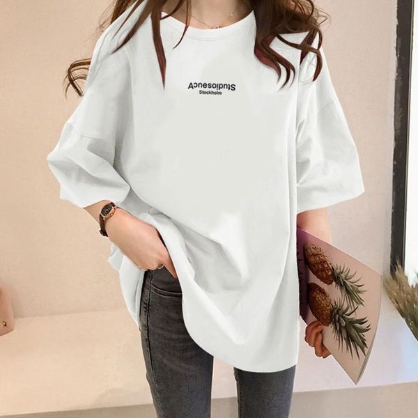 

women's t-shirt letters shirt sleeve t summer 2021 korean japan women clothes casual oversized bf style loose tees ladies shirts, White
