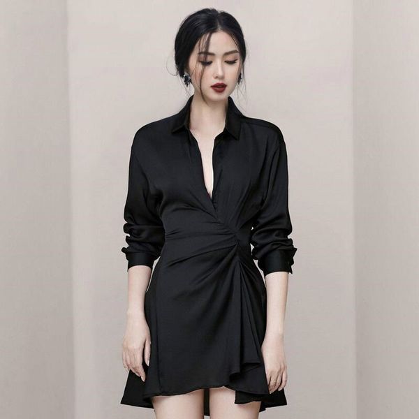 

casual dresses black office shirt dress 2021 autumn women long sleeve v-neck fold waist irrgular party mini, Black;gray
