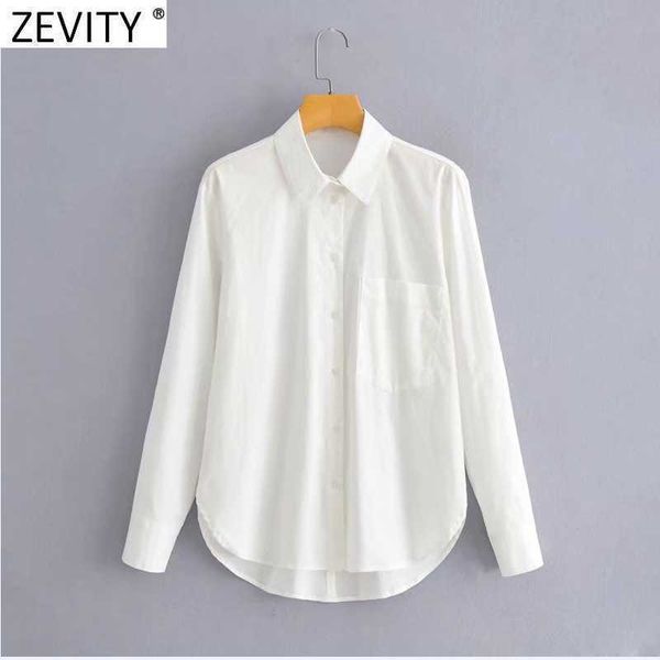 

zevity women basic solid color long sleeve casual breasted shirt female single pocket blouse roupas chic chemise ls9054 210603, White