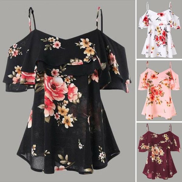 

women's blouses & shirts sumeer ly women chiffon halter off shoulder strappy loose floral print casual shirt blouse, White