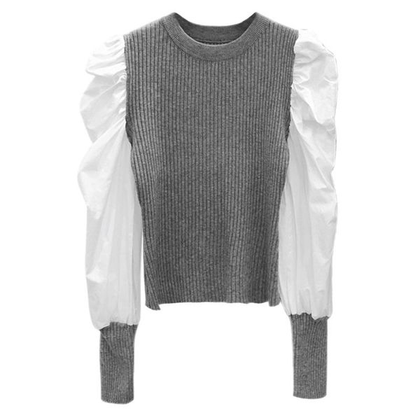 

ewq] 2021 spring women new gentle casual round neck loose soft patchwork long puff sleeve pullover knitting sweater 8q1006, White;black