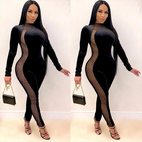 

autumn long sleeve mesh womens romper velvet patchwork black drilling stitching bodycon for party night club, Black;white