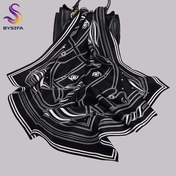 

scarves bysifa| brand women 100% silk scarf shawl black white striped square 70*70cm spring fall fashion neck, Blue;gray