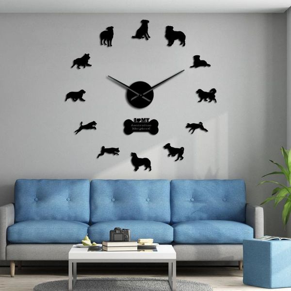 

wall clocks 3d aussie australian shepherd dog acrylic mirror stickers decor mute frameless diy big clock puppy large silent watch