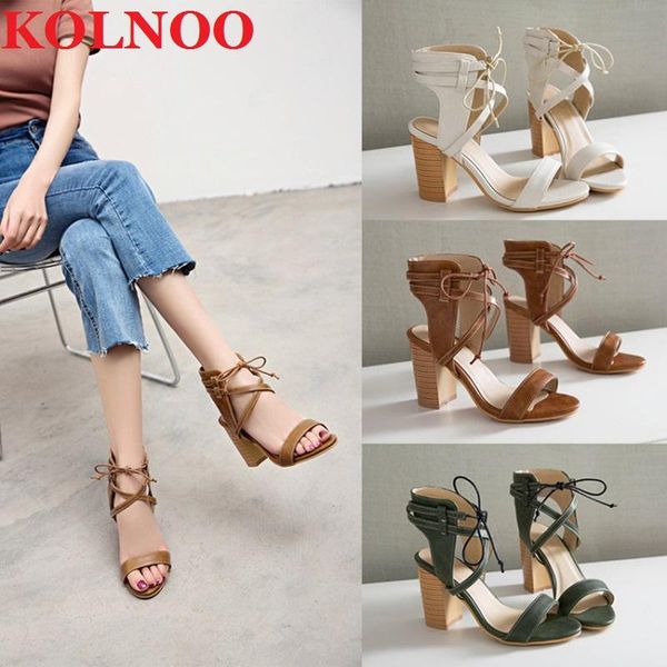 

sandals kolnoo ladies handmade chunky heels lace-up slingback peep-toe large size 35-47 daily wear fashion party prom shoes, Black