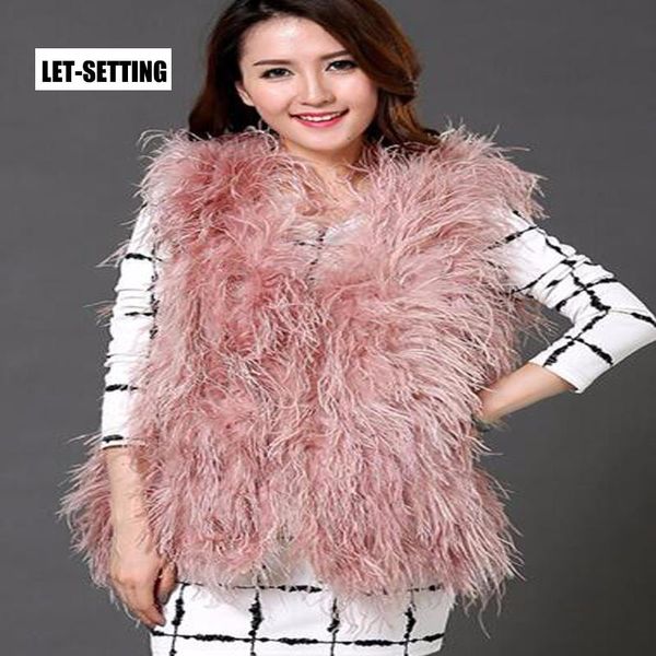 

women's fur & faux let-setting large size winter vest ostrich hair long, Black