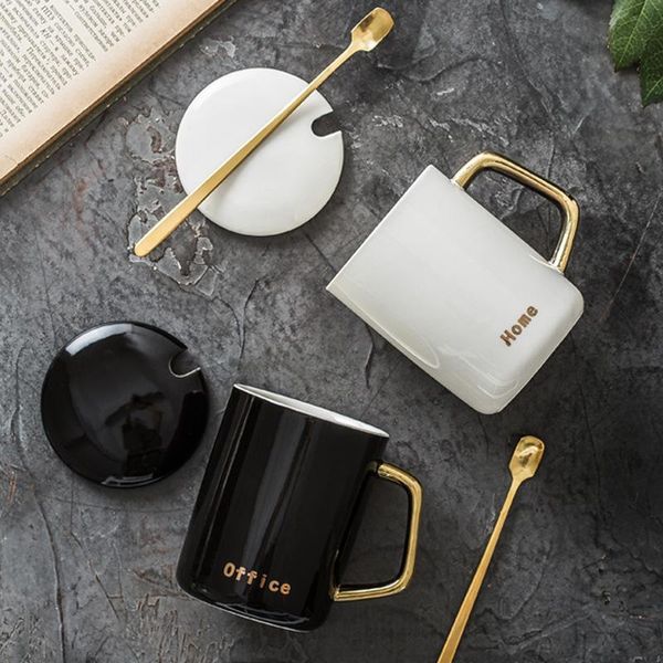 

mugs classical white and black coffee cups ceramics nordic style gold handgrip with lid spoon home breakfast milk cup mug