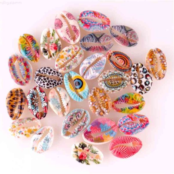 

20pcs printed cowrie shell beads no hole/undrilled colorful for diy jewelry components finding making necklaces bracelets, Red;brown
