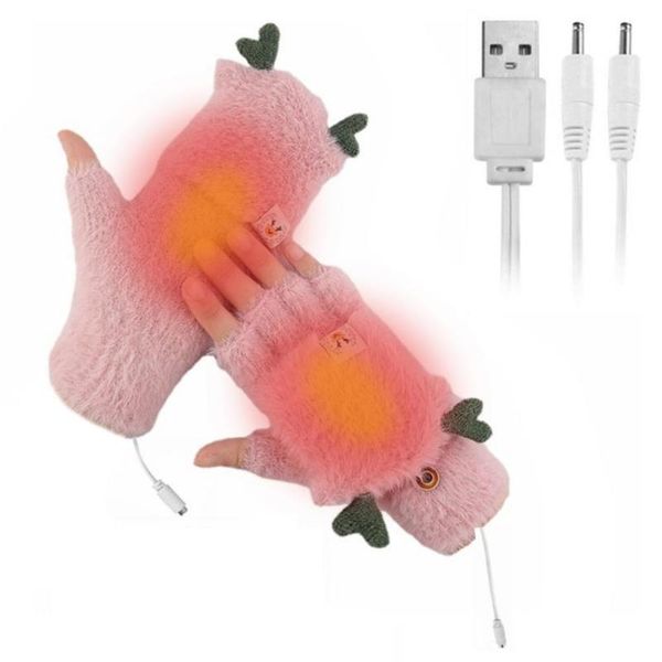 

outdoor pads heated gloves warm knitted heating mitts winter fingerless mittens with clamshell cute deer shaped double-sided glove
