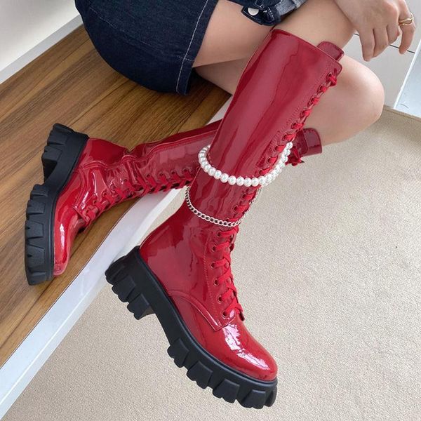 

boots autumn and winter round toe thick heel waterproof platform high female side zipper pearl metal chain knee-length, Black
