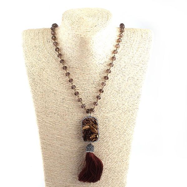 

pendant necklaces moodpc fashion bohemian tribal rustic soldered artisan jewelry dark brown crystal glass beads knotted long tassel necklace, Silver