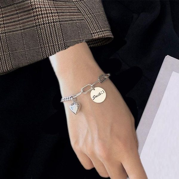 

silver color smooth love heart smiling face copper bracelet punk jewelry for women chain bracelet, Black