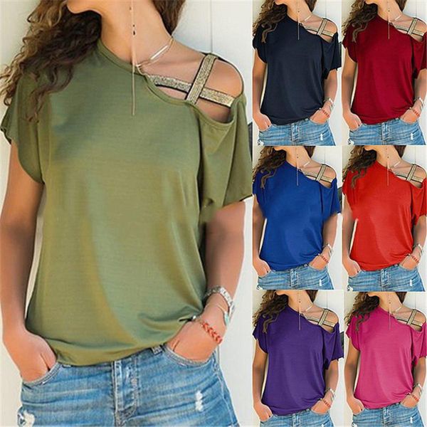 Frauen T-Shirt Frauen Skew Neck Sommer Unregelmäßige Criss Cross Kurze Ärmel Sexy Off Schulter Solide Tops Blusa Femme Ein hemd