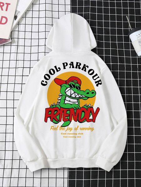 

men slogan & cartoon graphic kangaroo pocket drop shoulder drawstring hoodie f78x#, Black