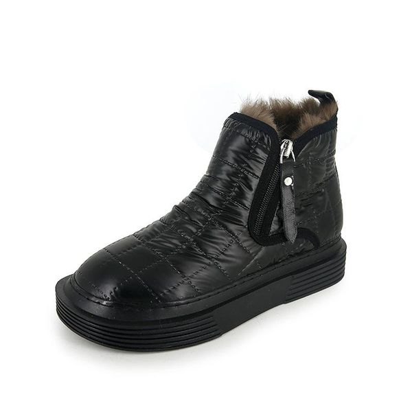 

boots winter women ankle flat heels nylon fur round toe warm botas mujer, Black