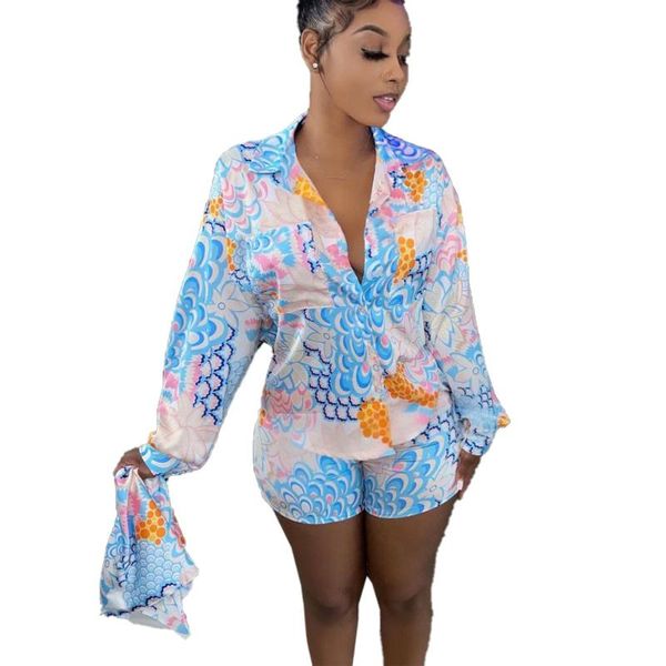 

women's tracksuits rstylish 2021 fashion printed long sleeve turn down collar shirt elastic waist shorts women summer two piece set, Gray