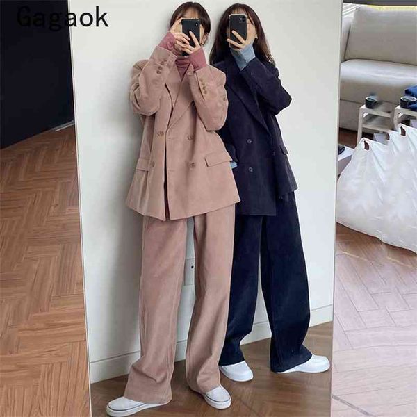

vintage two piece set women spring autumn korean simple chic wild fashion double breasted jackets + casual pants 210531, White