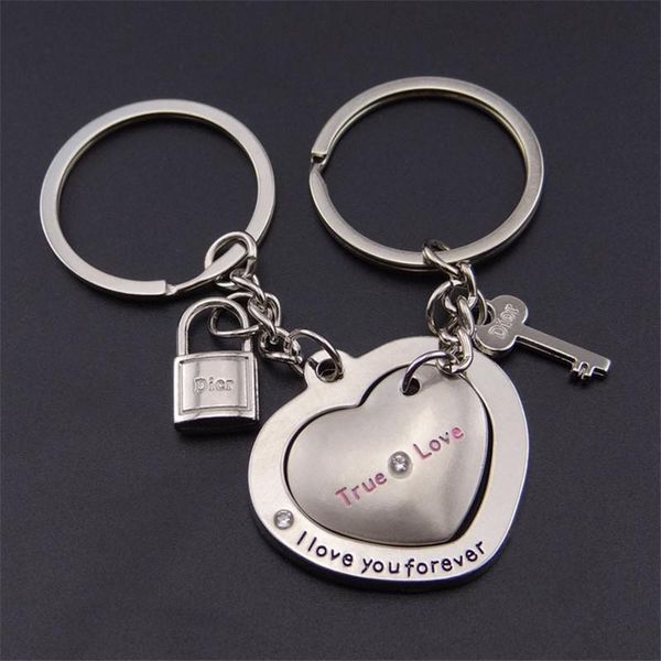 

keychains 1 pair love heart lock key chain ring keyring keyfob lover couples valentine's day gift women men keychain jewelry, Silver