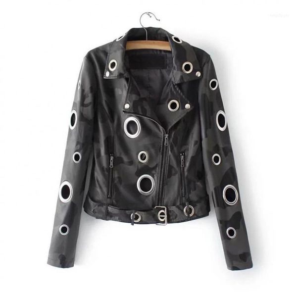 

rivet piercing est women camouflage pu jacket leather turn-down collar long sleeve outerwear short slim coats damska1, Black;brown