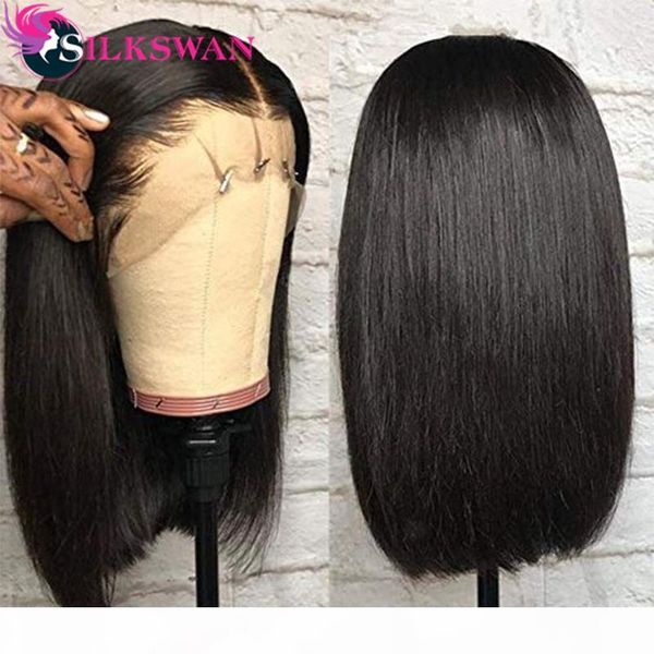 

silkswan straight bob wigs 13x4 lace front wigs brazilian human hair bob cut remy hair pre plucked with baby, Black;brown