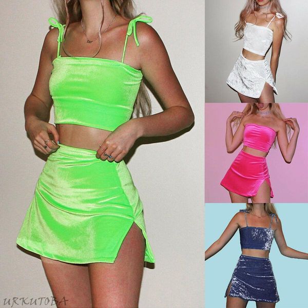 

women 2pcs tracksuit two piece set bodycon outfits solid sleeveless crop and mini skirt set slim dress party clubwear, Gray