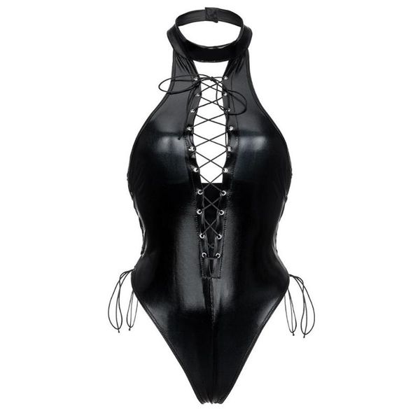 

women's jumpsuits & rompers women artificial leather bodysuit lingerie elastic hollow out bandage party nightclub backless bodysuits, Black;white