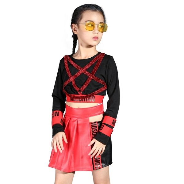 

girls jazz dance hip hop costumes children long-sleeved suit modern dance stage wear for girl, Black;red