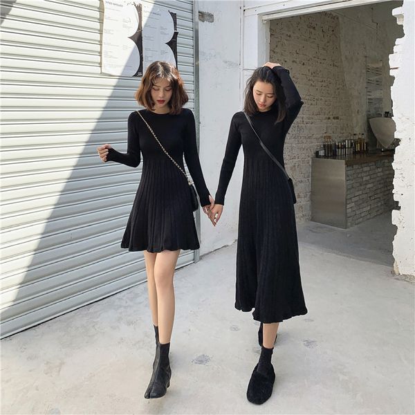 

2021 new elegant sleeve ol o-neck long sweater women thick knit autumn winter female slim a-line basic casual upxy, Black;gray