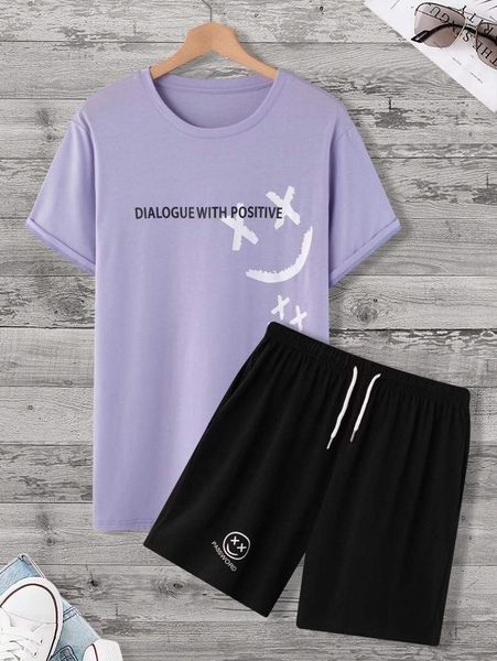 

men expression & letter graphic tee & drawstring waist shorts 49uj#, Gray
