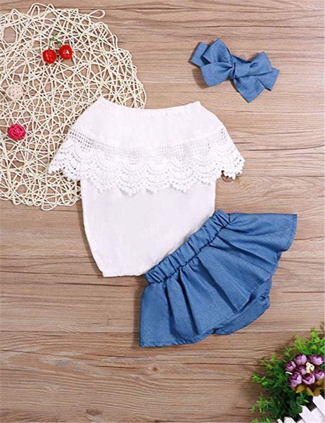 Recém-nascido bebê menina roupa Ruffled Top + Demin Shorts Dress + Headband Roupas Novo Verão Sem Mangas Bebê Roupas de Bebê 1537 B3