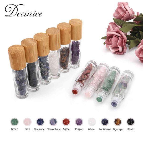 

5 pcs 10ml gemstone roller bottles refillable roll with bamboo lids healing crystal chips inside for perfumes aromatherapy oils