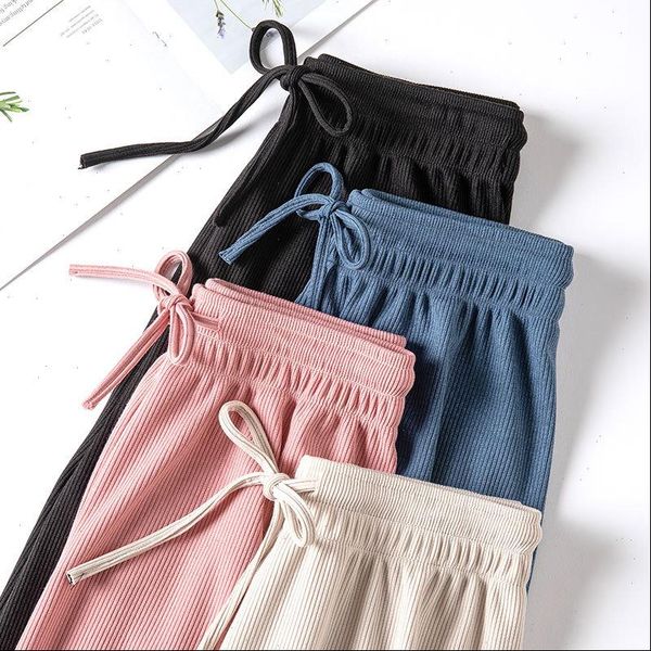 

spring summer wide leg women capris high waist loose casual long stacked silk womens ice ankle length trousers, Black;white