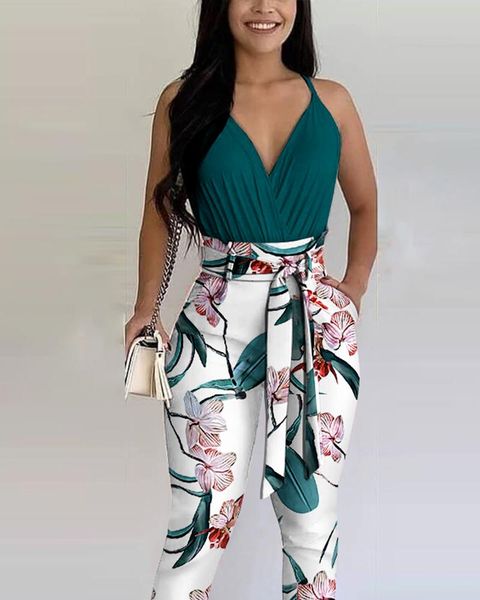 

women's two piece pants summer solid color ruched + floral print set with belt 2021 femme casual outfits female 2 pieces overalls suit, White