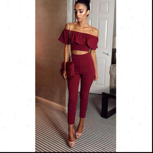 

fashion two piece women sets slash neck ruffle and long pants set autumn short sleeve two pieces feminino, Gray