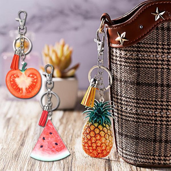 

keychains fruit keychain acrylic keyring orange watermelon pineapple tomato velvet tassels key chain women bag accessories charms pendant, Silver