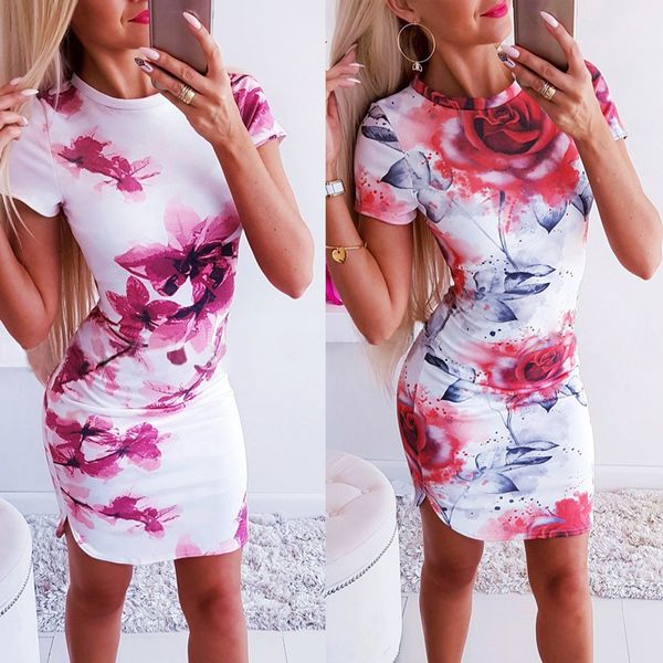 

2021 new elegant women slim hips patchwork design short sleeve o-neck flower print ladies summer fashion bodycon es ykp3 daud, Black;gray