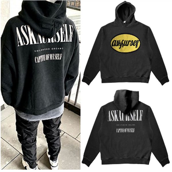 

2021 new washed old v6 hoodie men women heavy fabric yellow embroidered oval vintage askyurself pullover 5hq1, Black