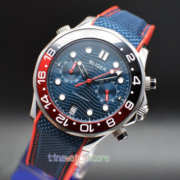 

wristwatches 41mm bliger ceramic sapphire glass luminous quartz mens watch full chronograph, Slivery;brown