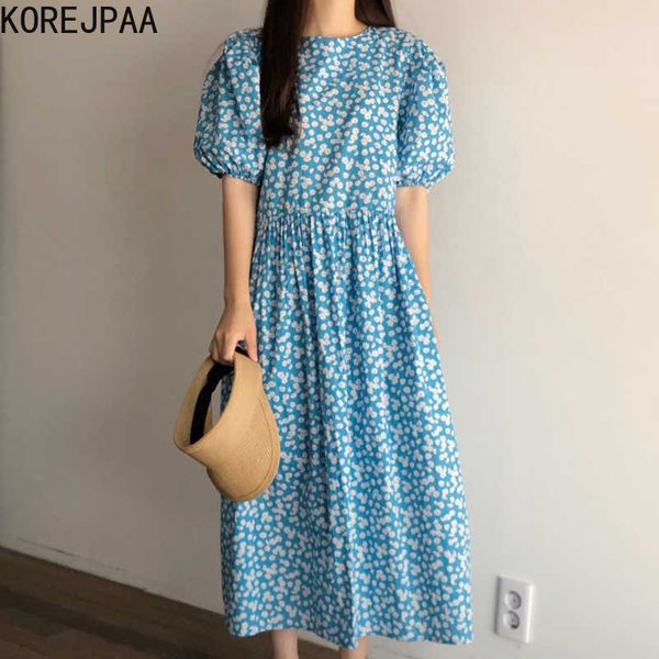 Korejpaa Women Dress Summer Korean Chic Ladies Elegante Retro Girocollo Schermo intero Piccola margherita Allentata con maniche a sbuffo Vestidos 210526