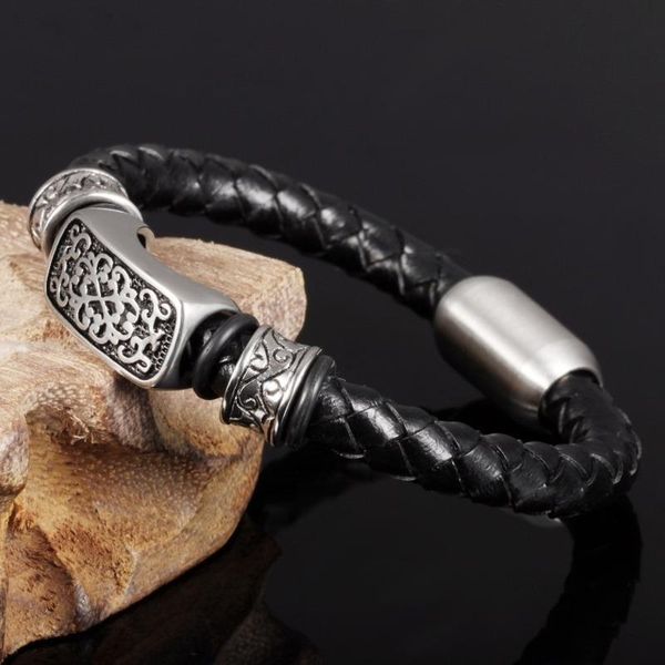 

bangle fashion retro pattern black braided leather metal magnetic buckle bracelet men's trendy casual party jewelry gifts