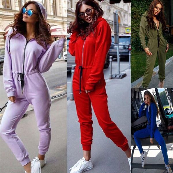 

women's jumpsuits & rompers 2021 autumn winter fashion long sleeve women casual solid hoodie jumpsuit womens zipped up, Black;white