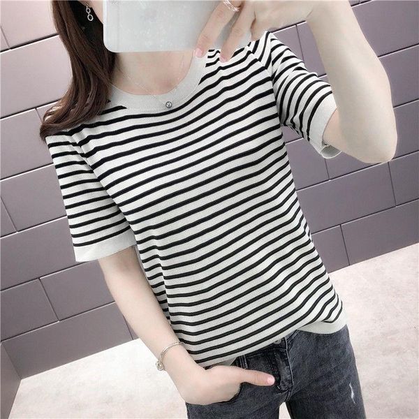 

women's sweaters oversize stripe knitting short sleeve pullovers women summer o-neck casual chic knitwear thin loose tee female 202, White;black