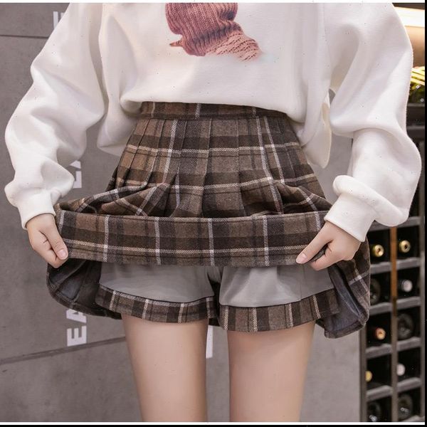 

plaid pleated woolen a line women skirts mini high waist with lining female short winter autumn girls preppy style, Black