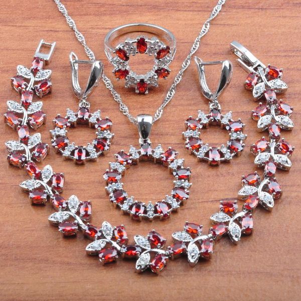 

earrings & necklace silver plated jewelry sets exquisite red cubic zirconia for women gift pendant ring bracelets js0412