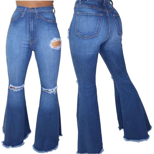 

women's jeans hip fashion hole ripped denim flare pants wide leg women vintage bell-bottoms casual boot-cut pant female trousers, Blue
