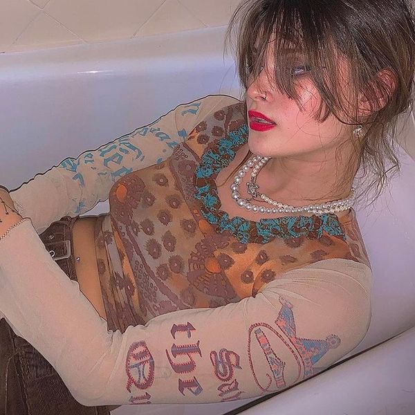 

women's t-shirt woman y2k tshirts egirl harajuku clothes streetwear women retro print stitching long sleeve t shirt vintage mesh top, White