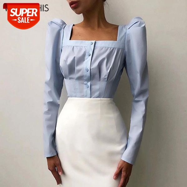 

wannathis blouses woman square collar long sleeve puff sleeve slim button women's shirt casual autumn elegant streetwear #2j9d, White