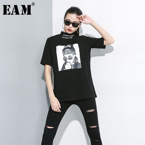 

[eam] women black white pattern print loose fit t-shirt new turtleneck half sleeve fashion tide spring autumn 1a693 210315