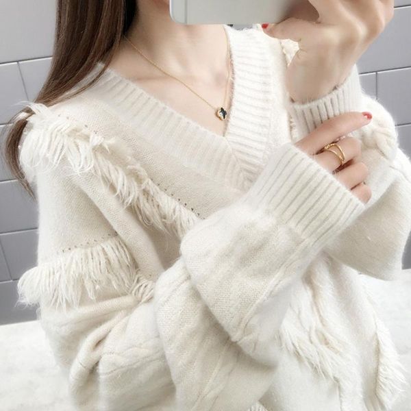 

women's sweaters women spring autumn long sleeves v-neck knitted sweater sweet style solid color tassel loose pullover casual jumper s, White;black