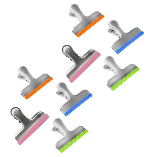 

bag clips 8 pack storage sealing stainless steel with silicone edging, 3 inch wide,for kitchen office usage